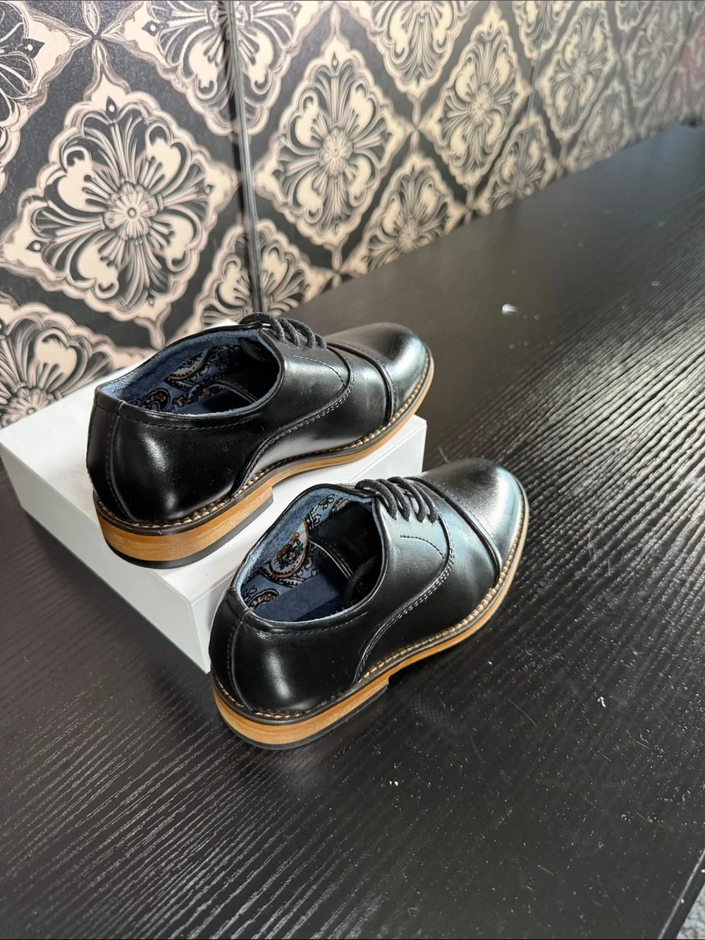 Bruno Marc Boy’s Black Leather Cap-Toe Derby with Tan Welt